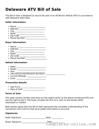 Valid  ATV Bill of Sale Template for Delaware