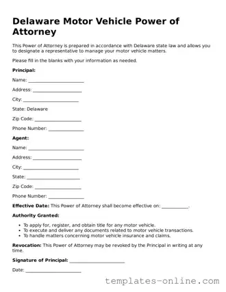Valid  Motor Vehicle Power of Attorney Template for Delaware