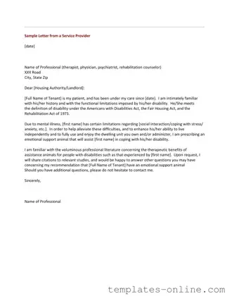 Emotional Support Animal Letter Template