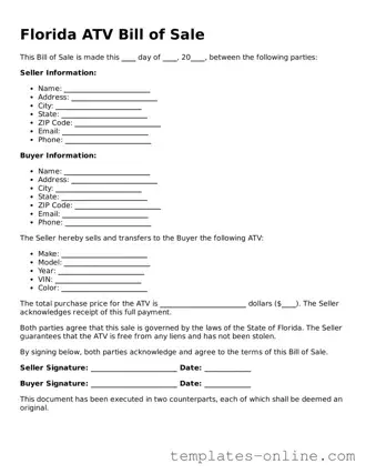 Valid  ATV Bill of Sale Template for Florida