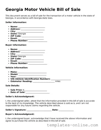 Valid  Motor Vehicle Bill of Sale Template for Georgia