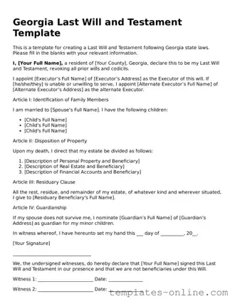 Valid  Last Will and Testament Template for Georgia