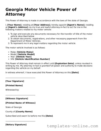 Valid  Motor Vehicle Power of Attorney Template for Georgia