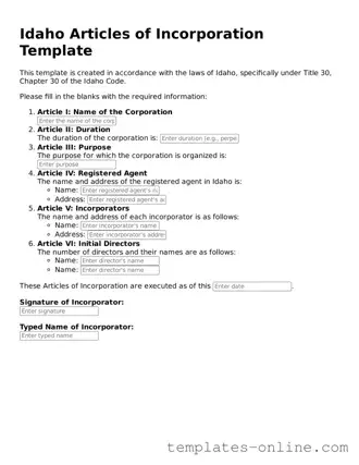 Valid  Articles of Incorporation Template for Idaho