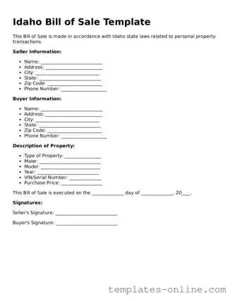 Valid  Bill of Sale Template for Idaho