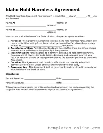 Valid  Hold Harmless Agreement Template for Idaho