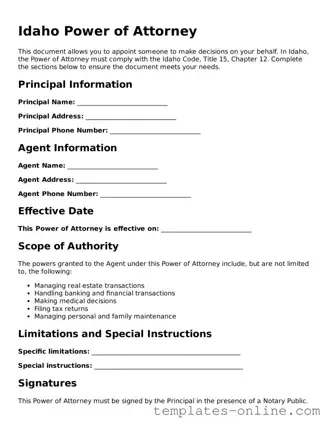Valid  Power of Attorney Template for Idaho