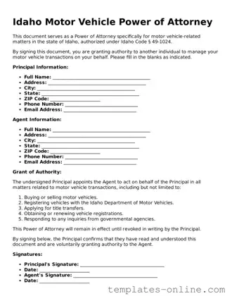 Valid  Motor Vehicle Power of Attorney Template for Idaho