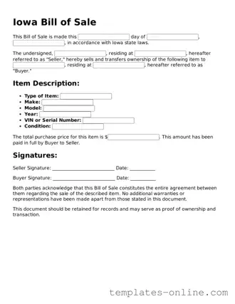 Valid  Bill of Sale Template for Iowa