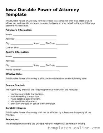 Valid  Durable Power of Attorney Template for Iowa