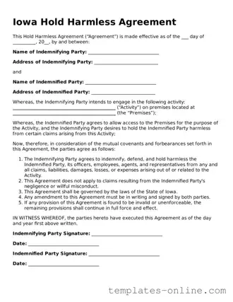 Valid  Hold Harmless Agreement Template for Iowa