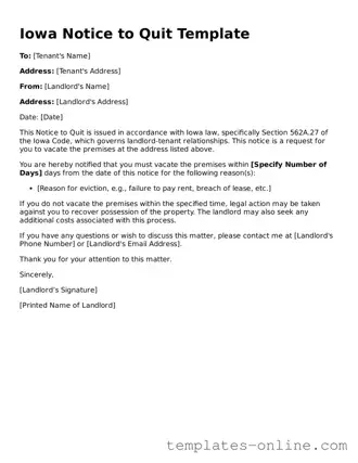 Valid  Notice to Quit Template for Iowa