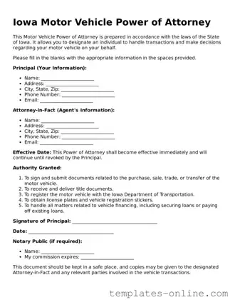 Valid  Motor Vehicle Power of Attorney Template for Iowa