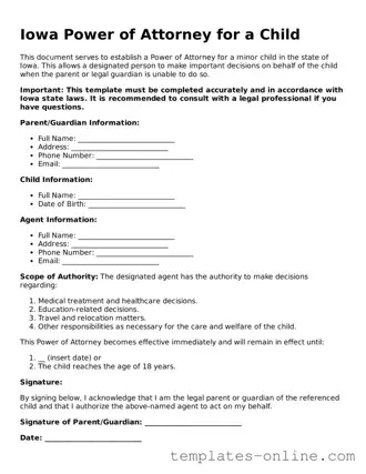 Valid  Power of Attorney for a Child Template for Iowa