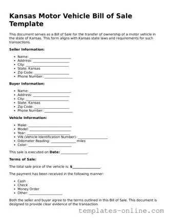 Valid  Motor Vehicle Bill of Sale Template for Kansas