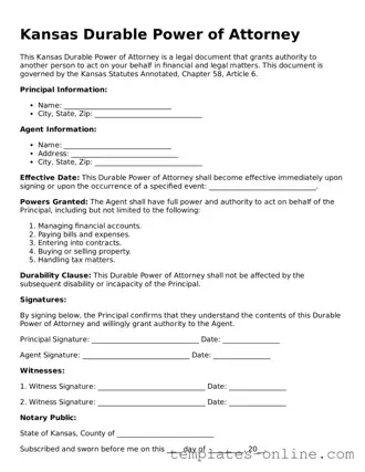 Valid  Durable Power of Attorney Template for Kansas