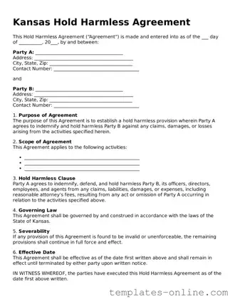 Valid  Hold Harmless Agreement Template for Kansas