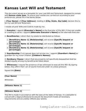 Valid  Last Will and Testament Template for Kansas
