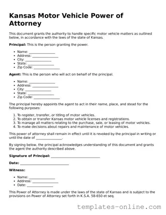 Valid  Motor Vehicle Power of Attorney Template for Kansas