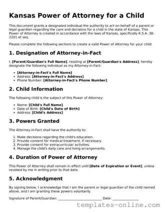 Valid  Power of Attorney for a Child Template for Kansas