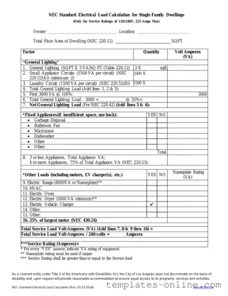 LADBS NEC Standard Electrical Load Calculation Template