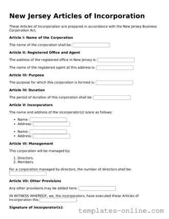 Valid  Articles of Incorporation Template for New Jersey