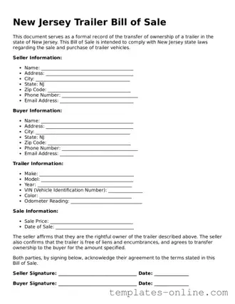 Valid  Trailer Bill of Sale Template for New Jersey