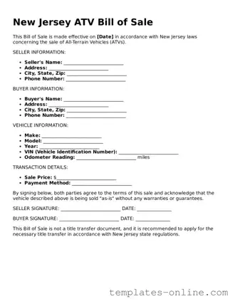 Valid  ATV Bill of Sale Template for New Jersey
