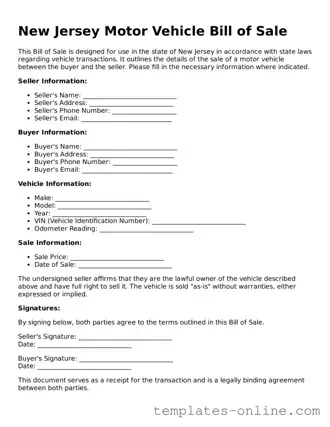Valid  Motor Vehicle Bill of Sale Template for New Jersey