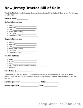 Valid  Tractor Bill of Sale Template for New Jersey