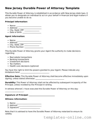 Valid  Durable Power of Attorney Template for New Jersey