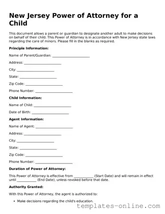 Valid  Power of Attorney for a Child Template for New Jersey