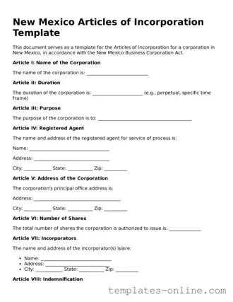Valid  Articles of Incorporation Template for New Mexico