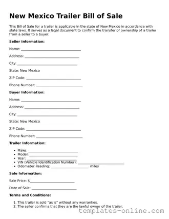 Valid  Trailer Bill of Sale Template for New Mexico