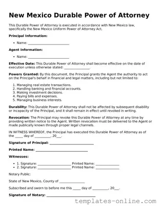 Valid  Durable Power of Attorney Template for New Mexico