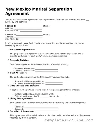 Valid  Marital Separation Agreement Template for New Mexico