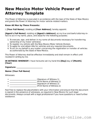 Valid  Motor Vehicle Power of Attorney Template for New Mexico