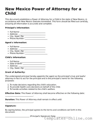 Valid  Power of Attorney for a Child Template for New Mexico