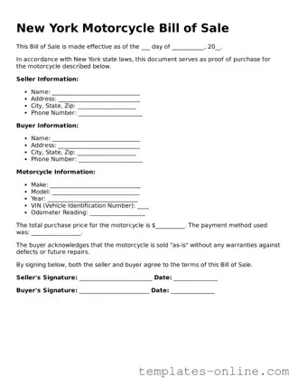 Valid  Motorcycle Bill of Sale Template for New York