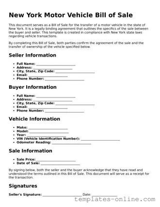 Valid  Motor Vehicle Bill of Sale Template for New York