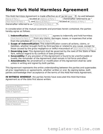 Valid  Hold Harmless Agreement Template for New York