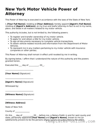 Valid  Motor Vehicle Power of Attorney Template for New York