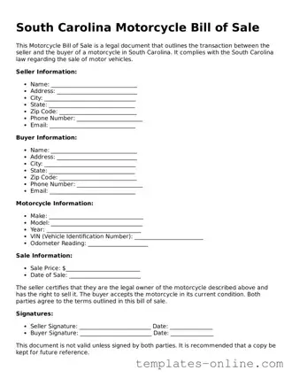 Valid  Motorcycle Bill of Sale Template for South Carolina