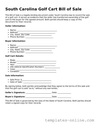 Valid  Golf Cart Bill of Sale Template for South Carolina