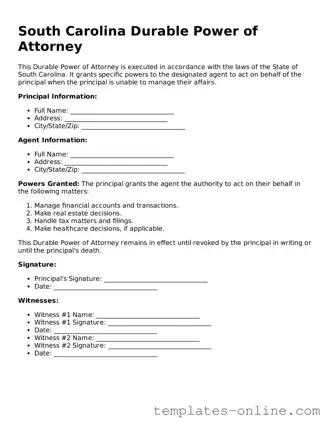 Valid  Durable Power of Attorney Template for South Carolina
