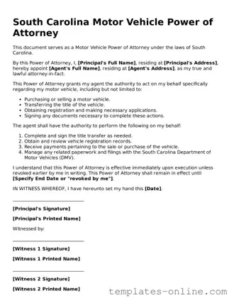 Valid  Motor Vehicle Power of Attorney Template for South Carolina