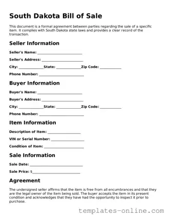Valid  Bill of Sale Template for South Dakota