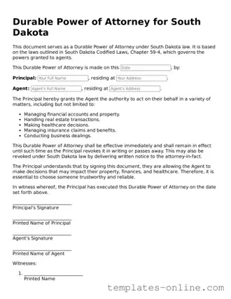 Valid  Durable Power of Attorney Template for South Dakota