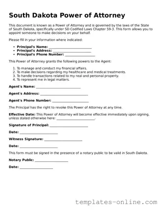 Valid  Power of Attorney Template for South Dakota