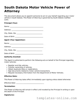 Valid  Motor Vehicle Power of Attorney Template for South Dakota